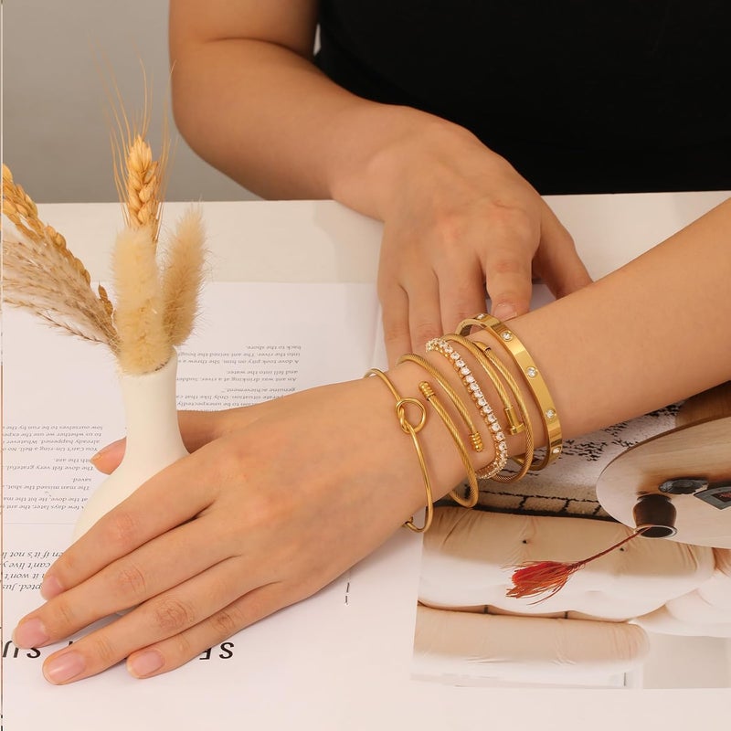 FAFUGA 18 K Gold Plated Love Bangle Bracelet Stack Cuff Jewelry for Women Jewelry Set for Women Gift with Box - Image 2